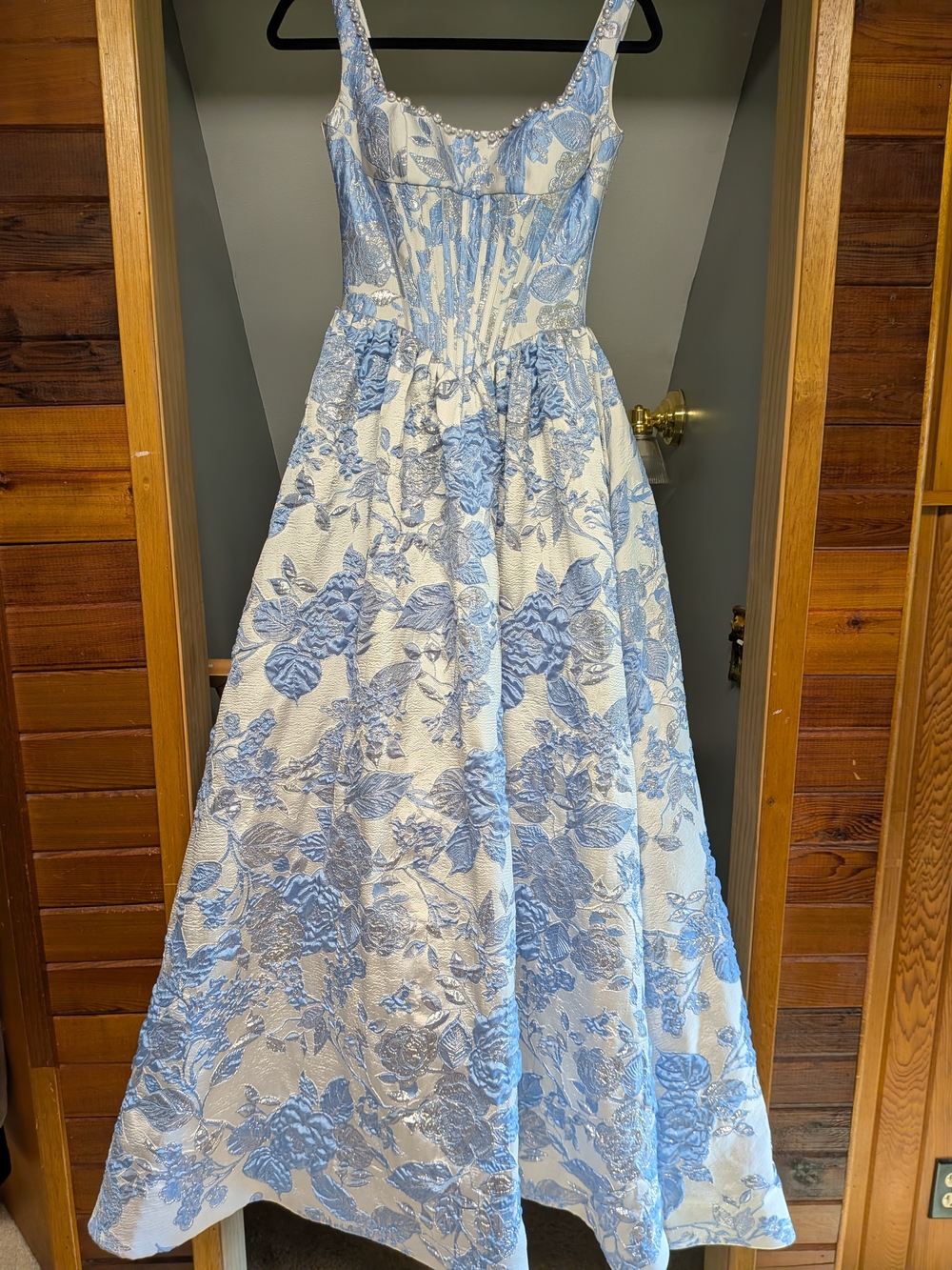 Sherri Hill Blue and White Floral Prom Gown